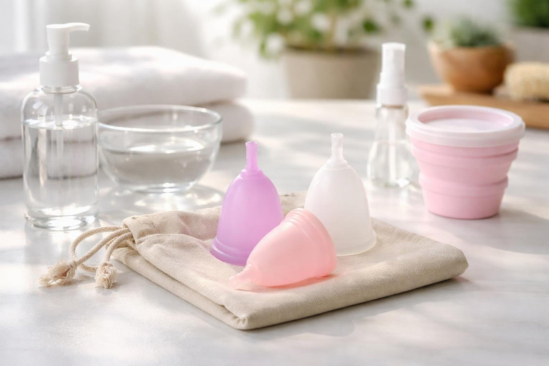 Reusable menstrual cups, cleaning kit and storage pouch