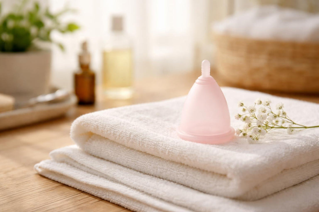 Reusable menstrual cup on clean towel for seasonal comfort