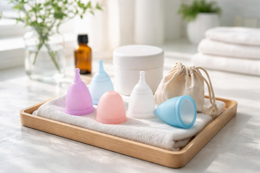 assorted reusable menstrual cups and care kit