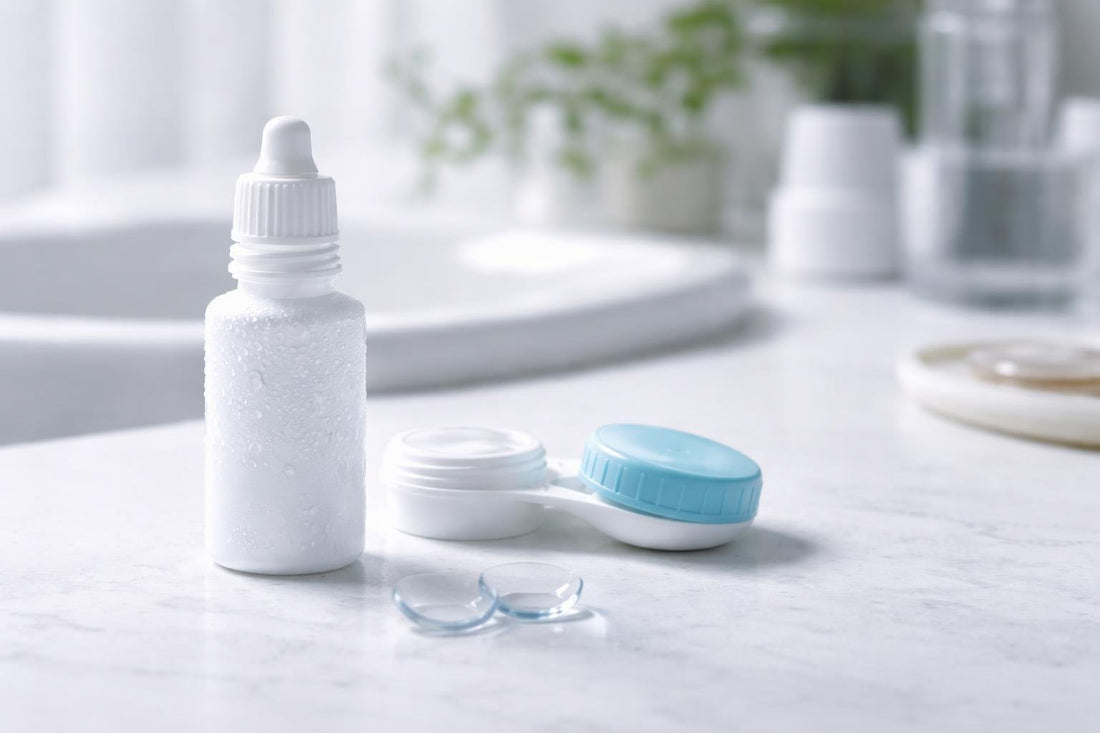 contact lens rewetting drops bottle and lenses