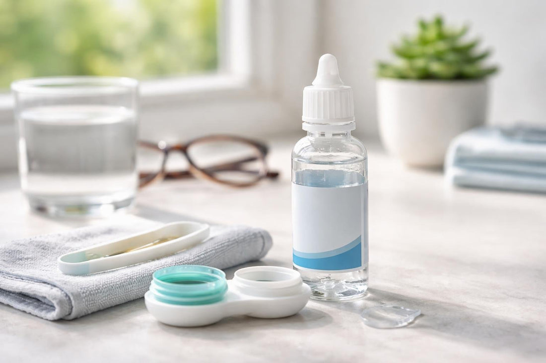 Contact lens rewetting drops beside lens case in Yorkshire