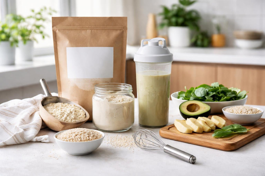 Rice protein powder, shaker, and smoothie ingredients