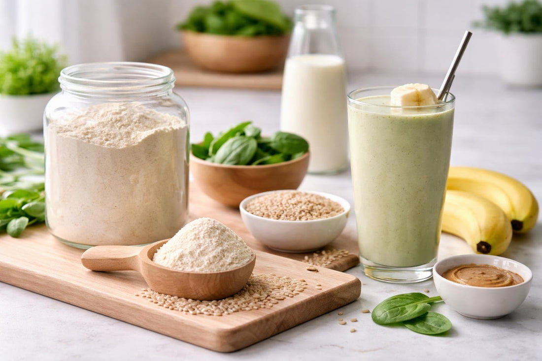 Scoop of rice protein powder beside smoothie ingredients