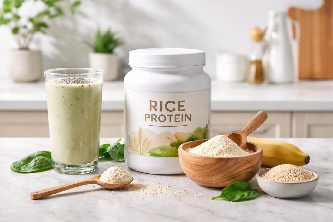 Rice protein powder jar with smoothie and spoon