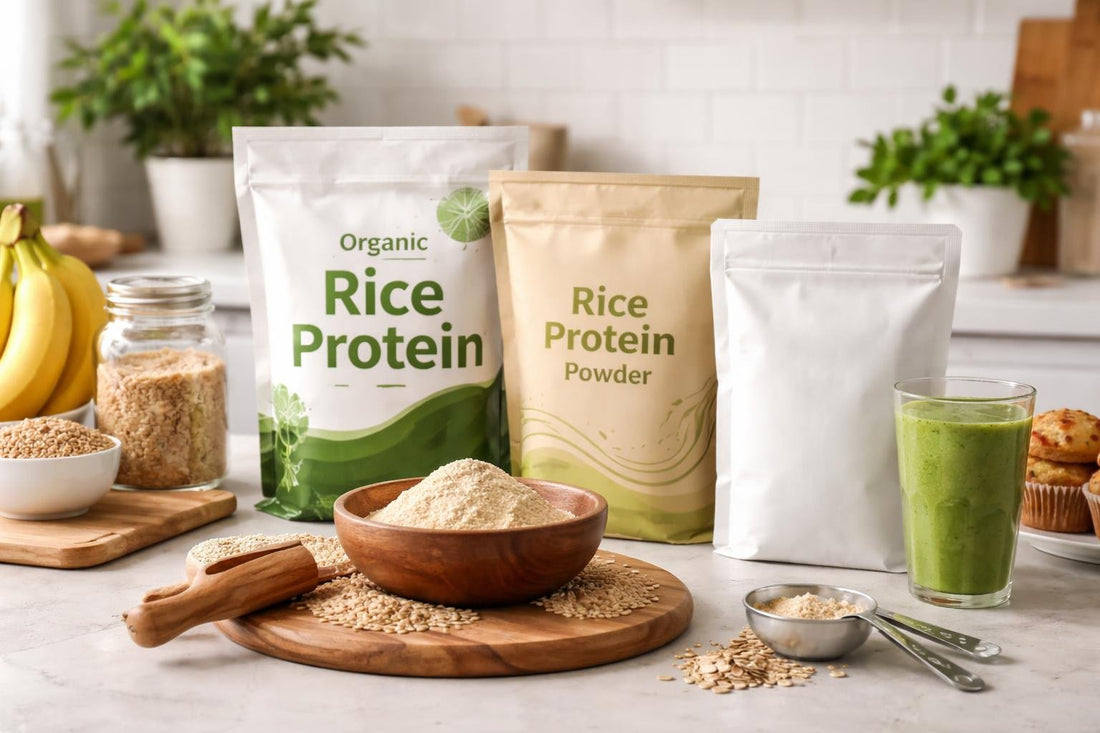 Packaged rice protein powders with baking ingredients
