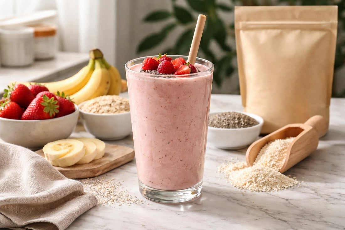 Rice protein powder blended into a creamy fruit smoothie