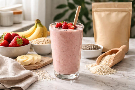Rice protein powder blended into a creamy fruit smoothie