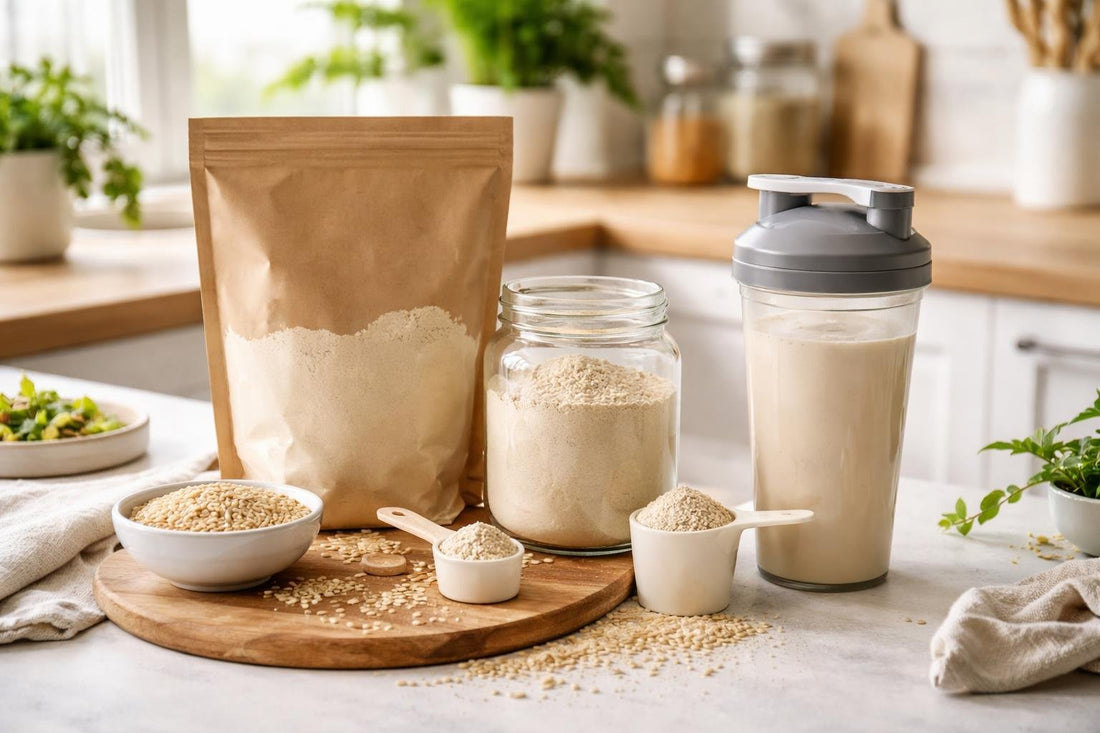 Vegan rice protein powder scoops and shaker