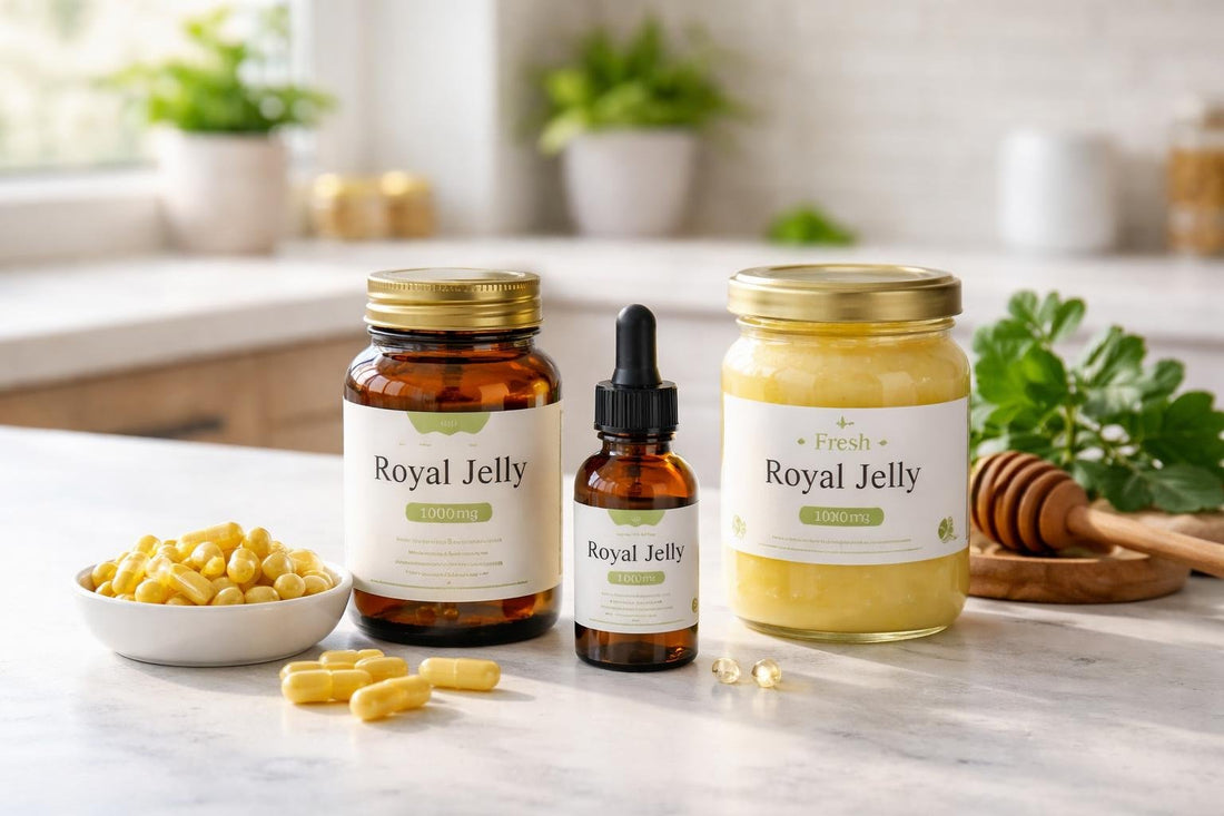 Royal jelly supplements in capsules and liquid jars