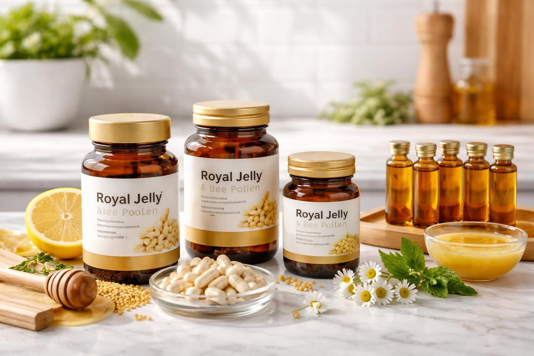 Royal jelly supplement jars, capsules and vials display