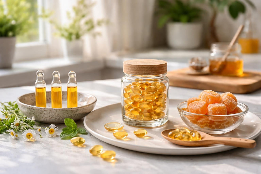 Royal jelly capsules liquid ampoules and gummies on a table