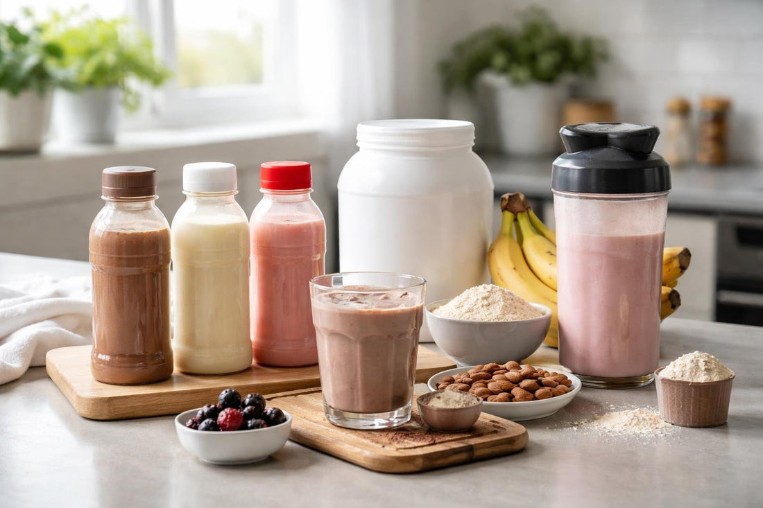assorted ready to drink protein drinks and alternatives