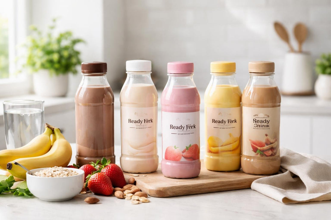 Selection of ready to drink weight loss shakes on counter