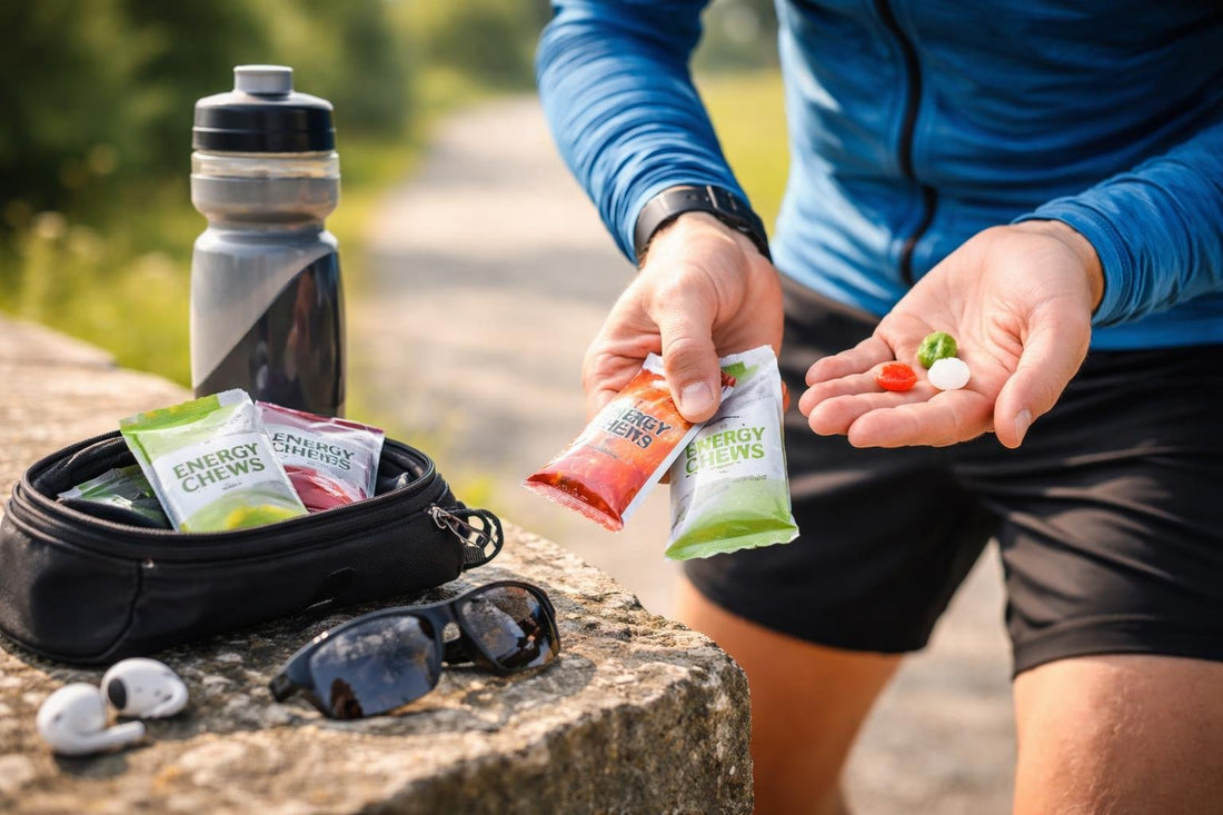 Runner holding endurance energy candy and mint chews
