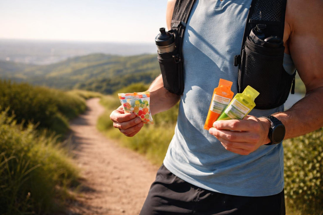 Runner holding energy chews and gels on a long run