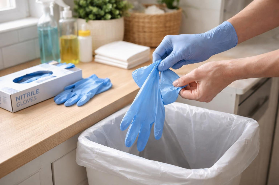 Hands removing nitrile gloves safely over a bin