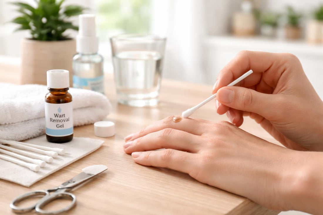 Applying wart removal gel carefully with cotton bud