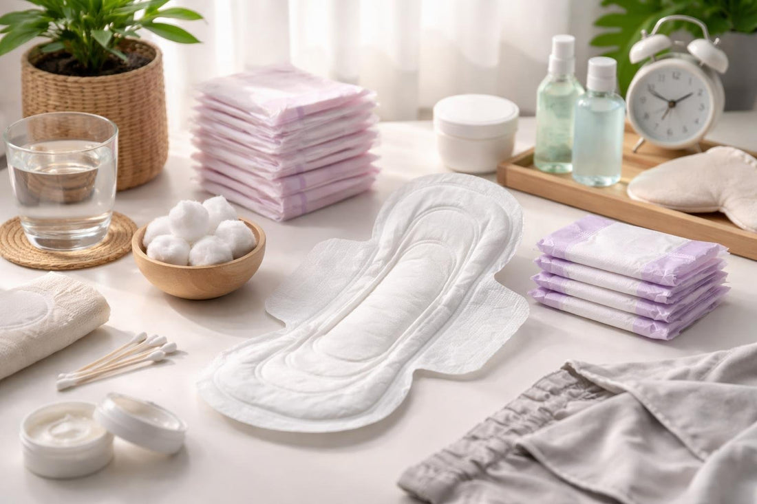 Sanitary napkins laid out with care tips