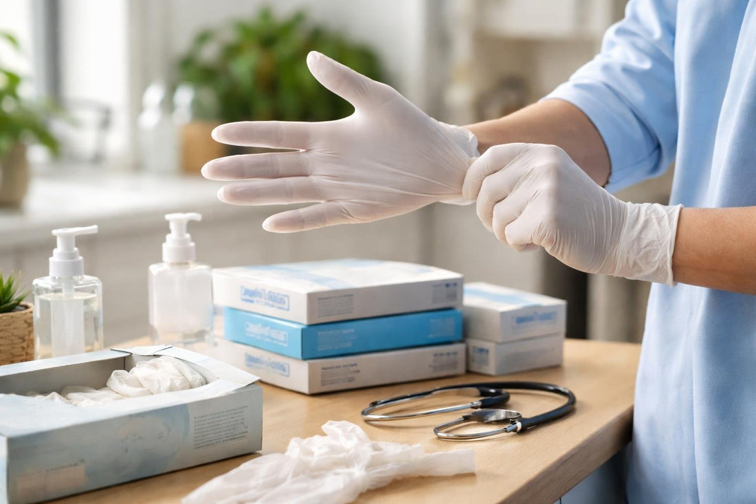 Carer fitting sanitary gloves showing fit and safety