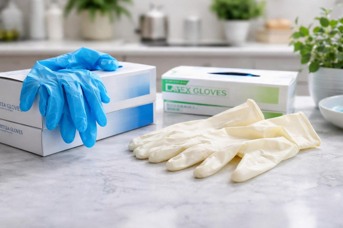 Close-up of nitrile and latex sanitary gloves