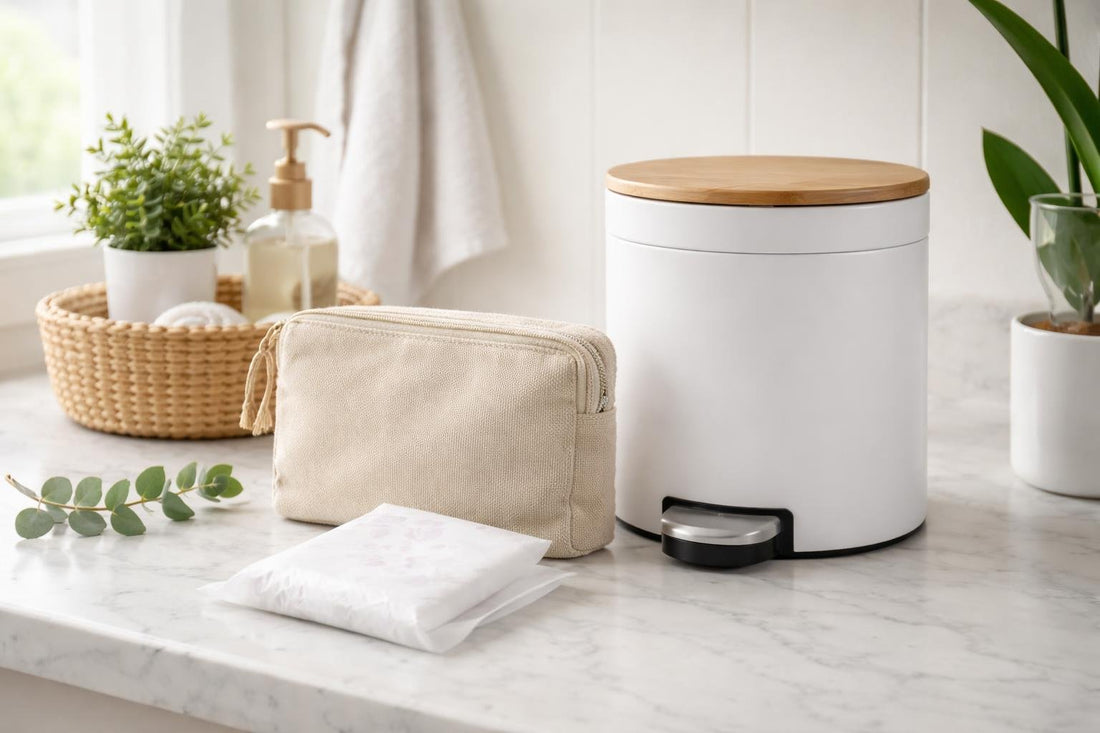 Wrapped sanitary napkin beside lidded bathroom bin and pouch