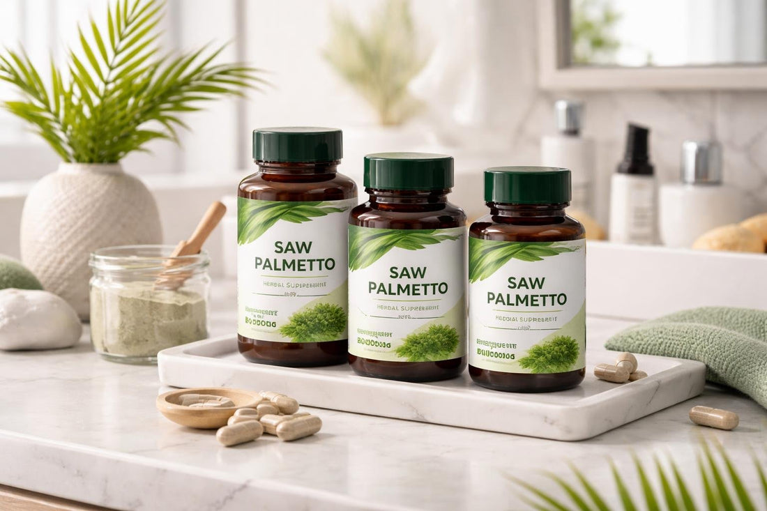 Saw palmetto supplements and capsules laid out
