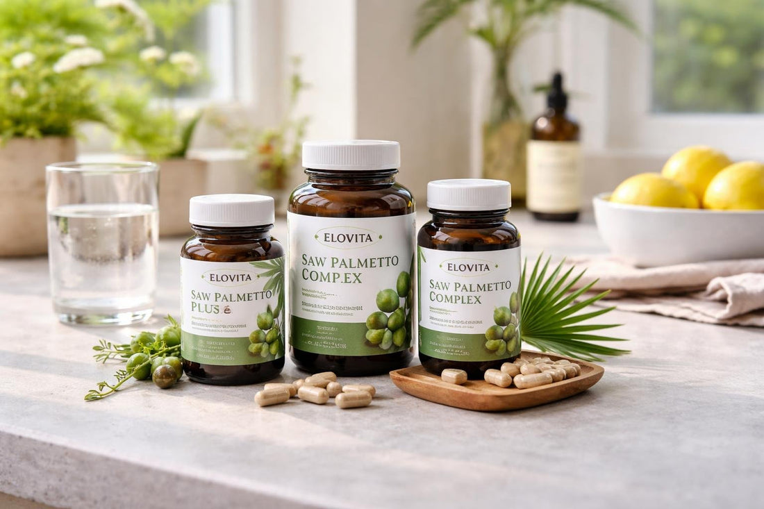 Saw palmetto herbal supplement capsules on a Cornwall countertop