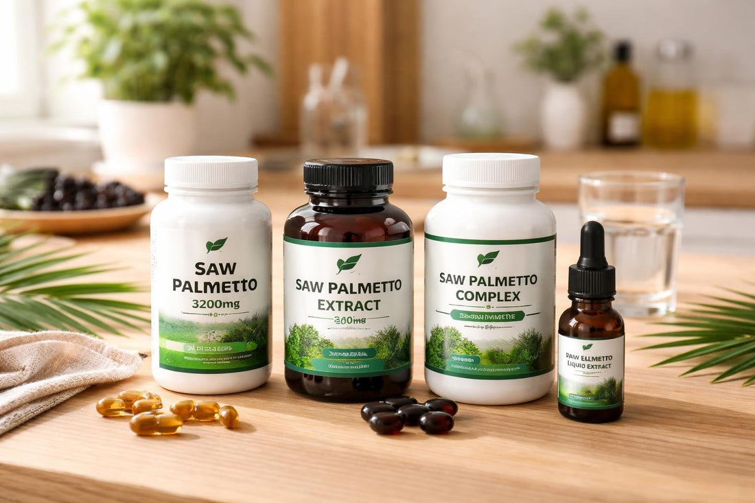 bottles of saw palmetto supplements on a wooden table