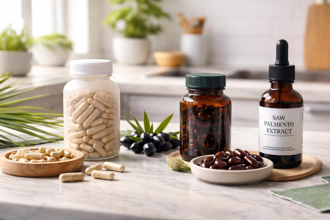 Saw palmetto capsules softgels and tincture on a table