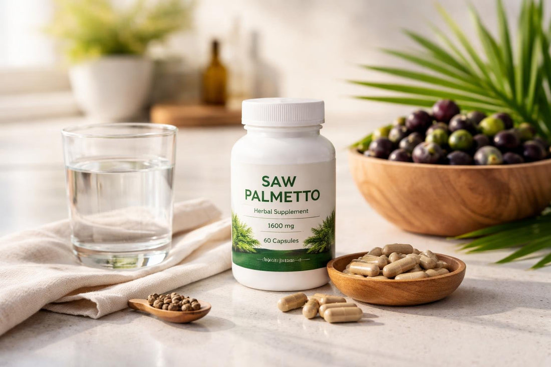 Saw palmetto capsules with water beside herbal berries