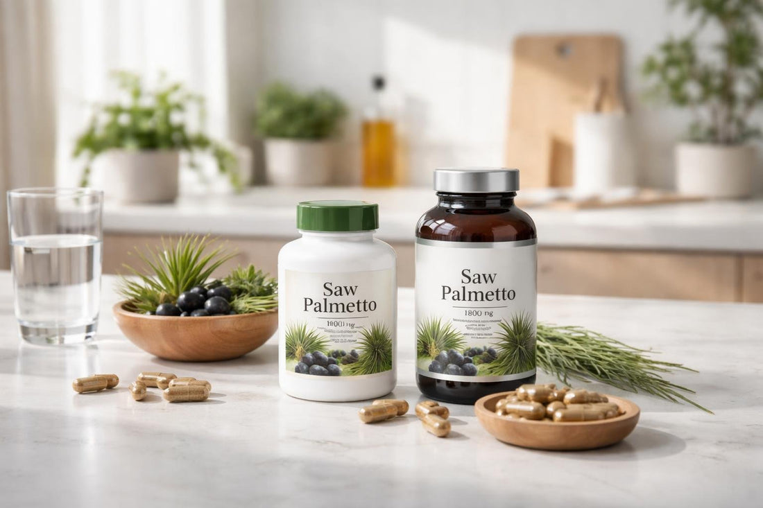 bottles of saw palmetto supplements and capsules