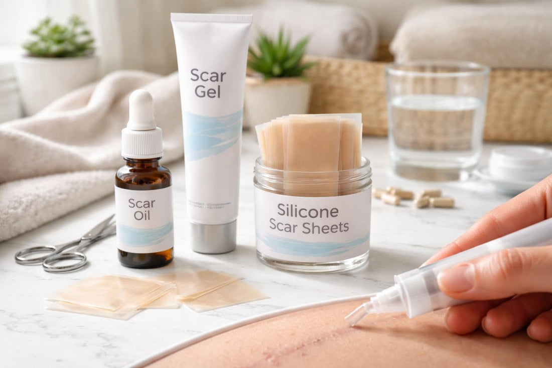 Close-up scar care products and silicone gel application