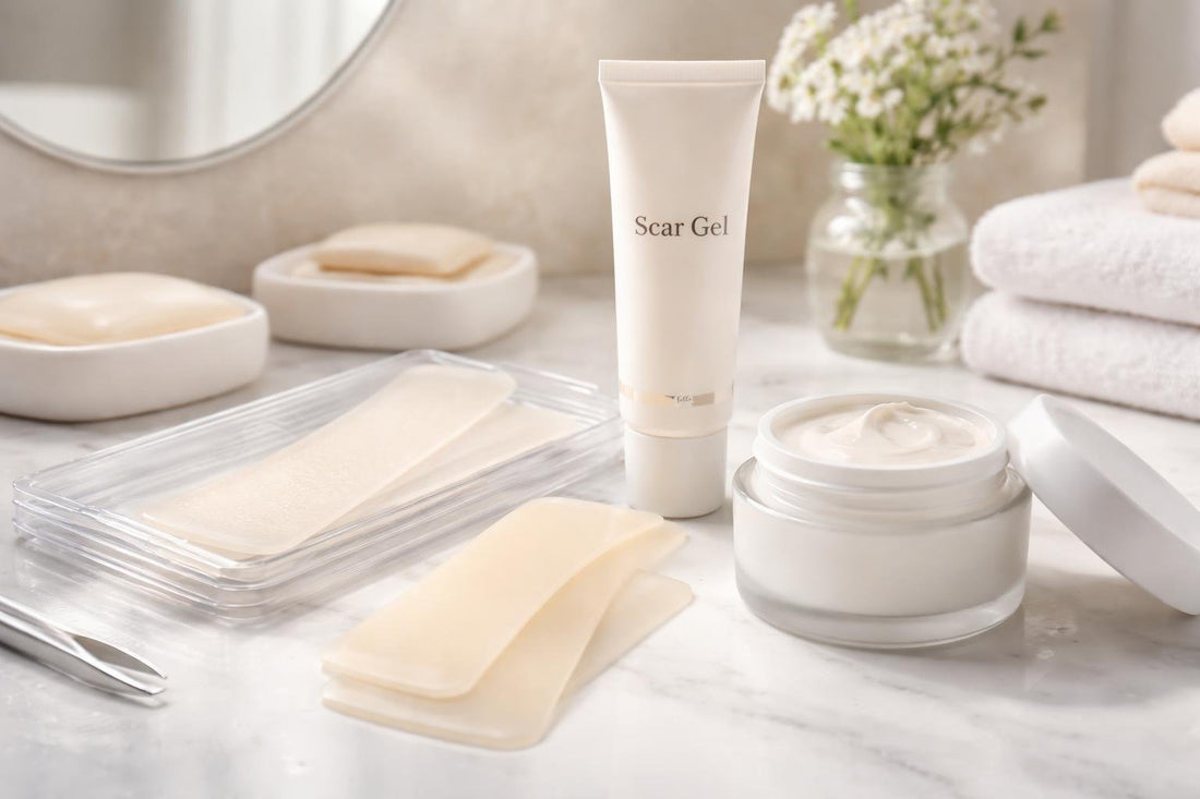 Silicone scar sheets and gentle cream for sensitive skin