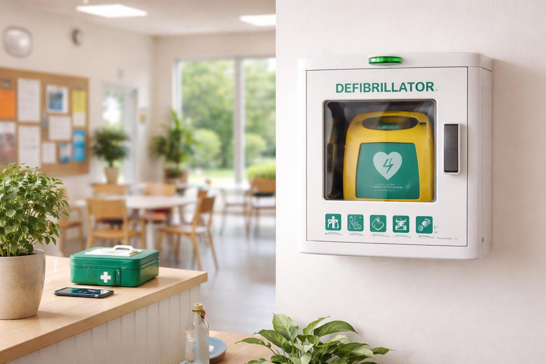 Wall-mounted defibrillator cabinet in a Scottish community venue