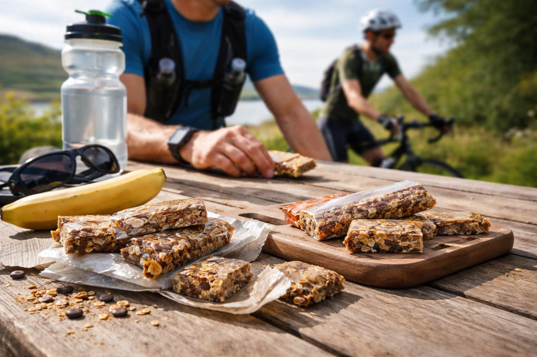 Runner and cyclist fuelling with endurance energy food bars