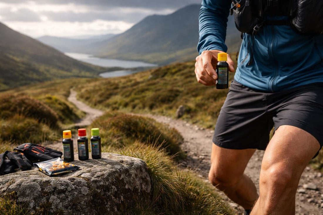 Runner holding energy shot on a windy Scottish trail
