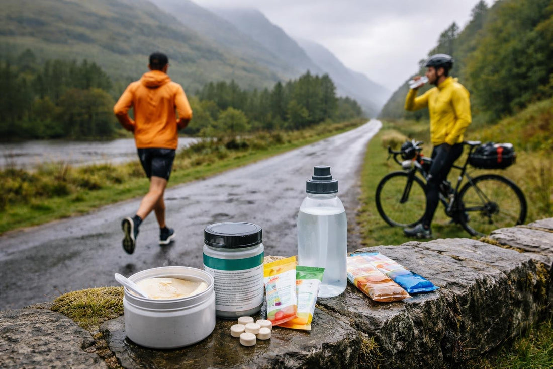 Runner and cyclist fuelling on a wet Scottish road