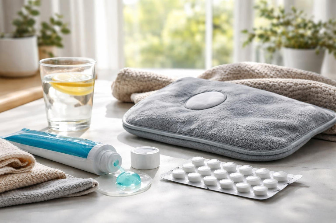 Seasonal aches relief with tablets, gel, and heat pack