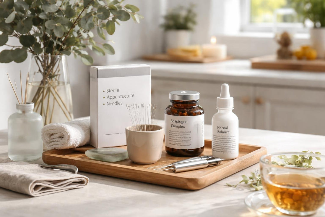 Seasonal acupuncture essentials laid out neatly for home routine