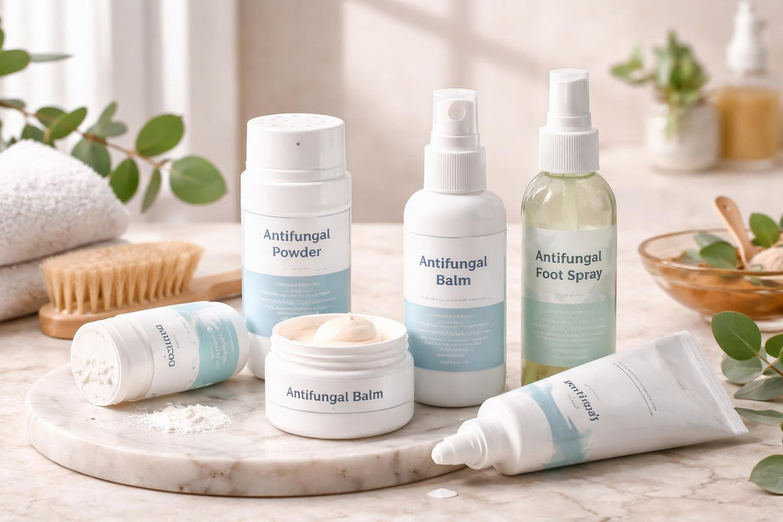 Seasonal antifungal remedies collection with creams sprays and powders