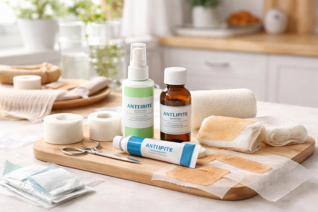 Seasonal first-aid essentials with antiseptics and wound dressings