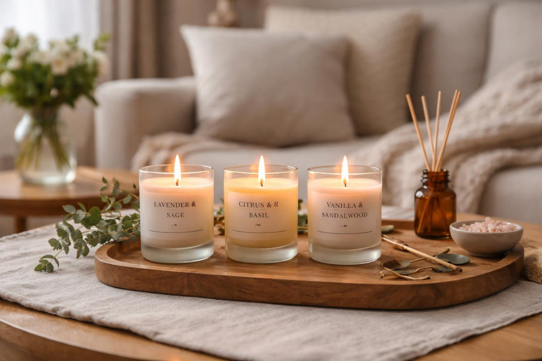 Seasonal aromatherapy candles glowing on a cosy living room table