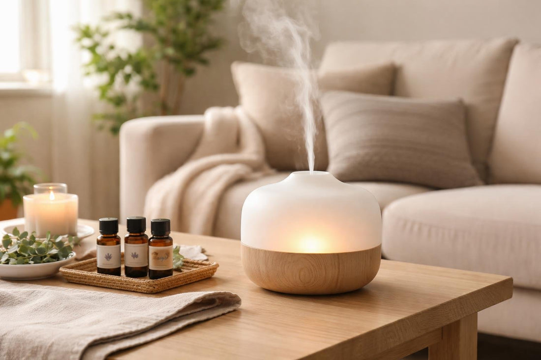 Ultrasonic aromatherapy diffuser misting in a cosy living room