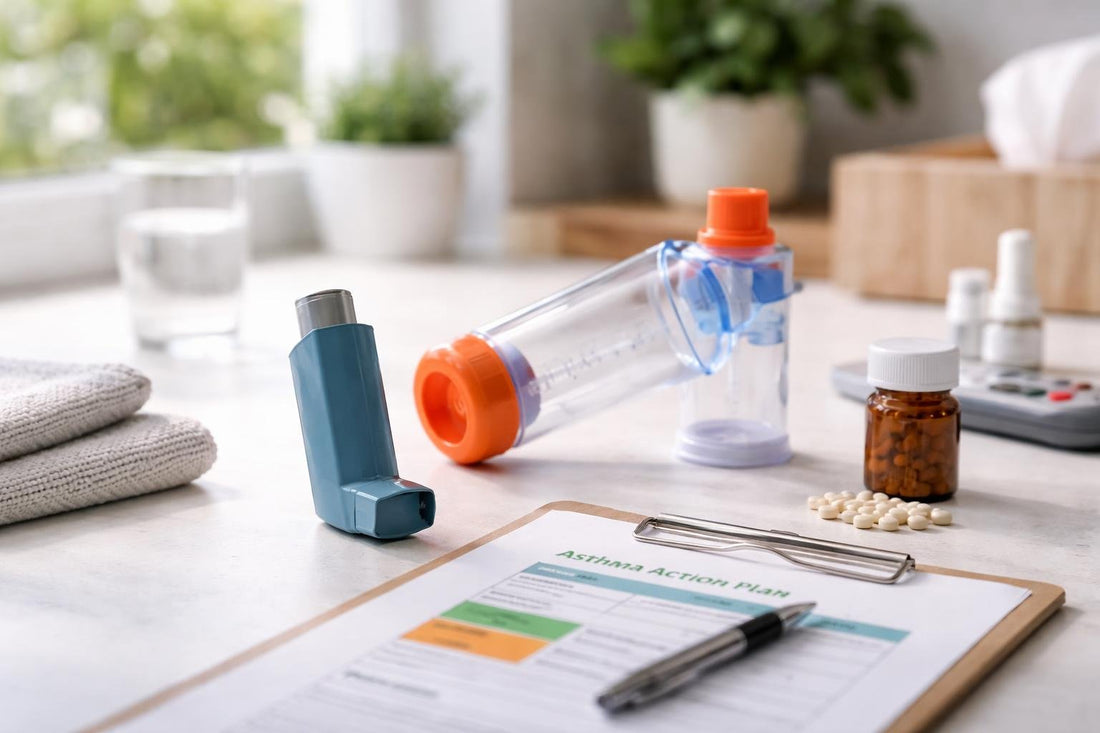 Seasonal asthma essentials including inhaler, spacer, and action plan