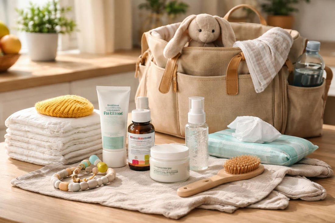 Seasonal baby care essentials laid out for nappy bag