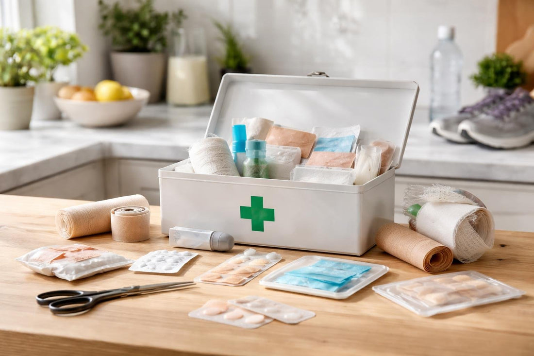 Seasonal first aid kit with bandages and blister dressings