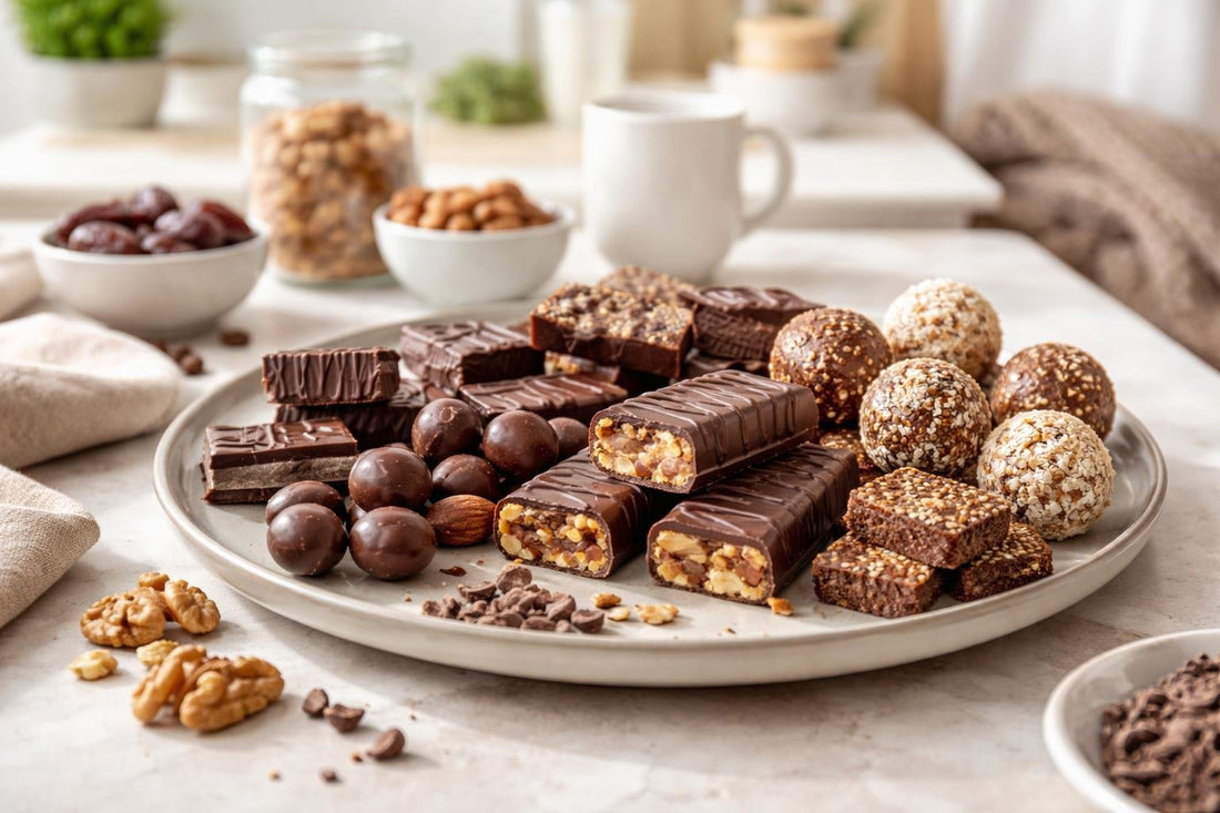 Seasonal chocolate and carob nutrition snacks assortment on plate