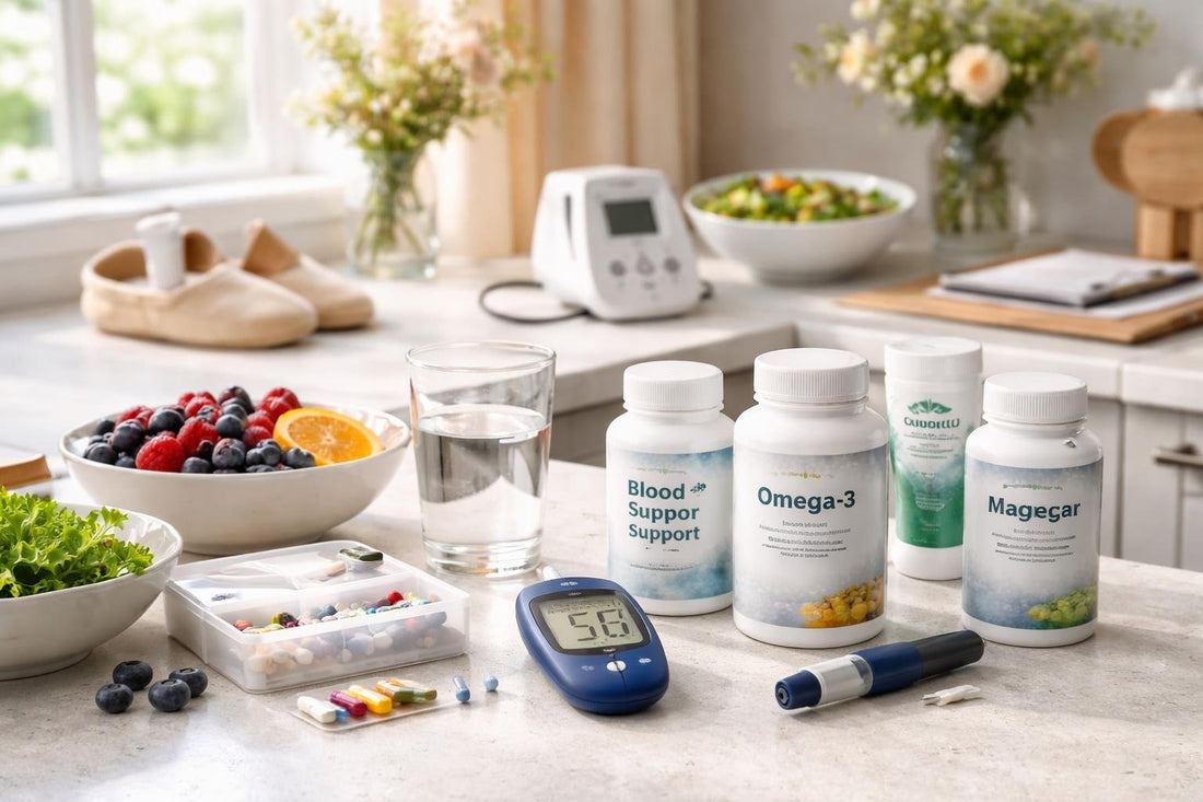 Seasonal diabetes care essentials collection items on a countertop