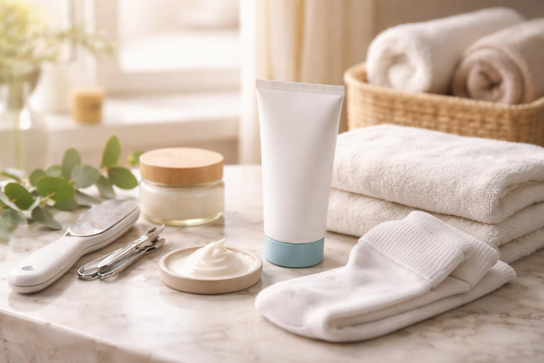 Seasonal diabetic foot care routine with moisturiser and socks