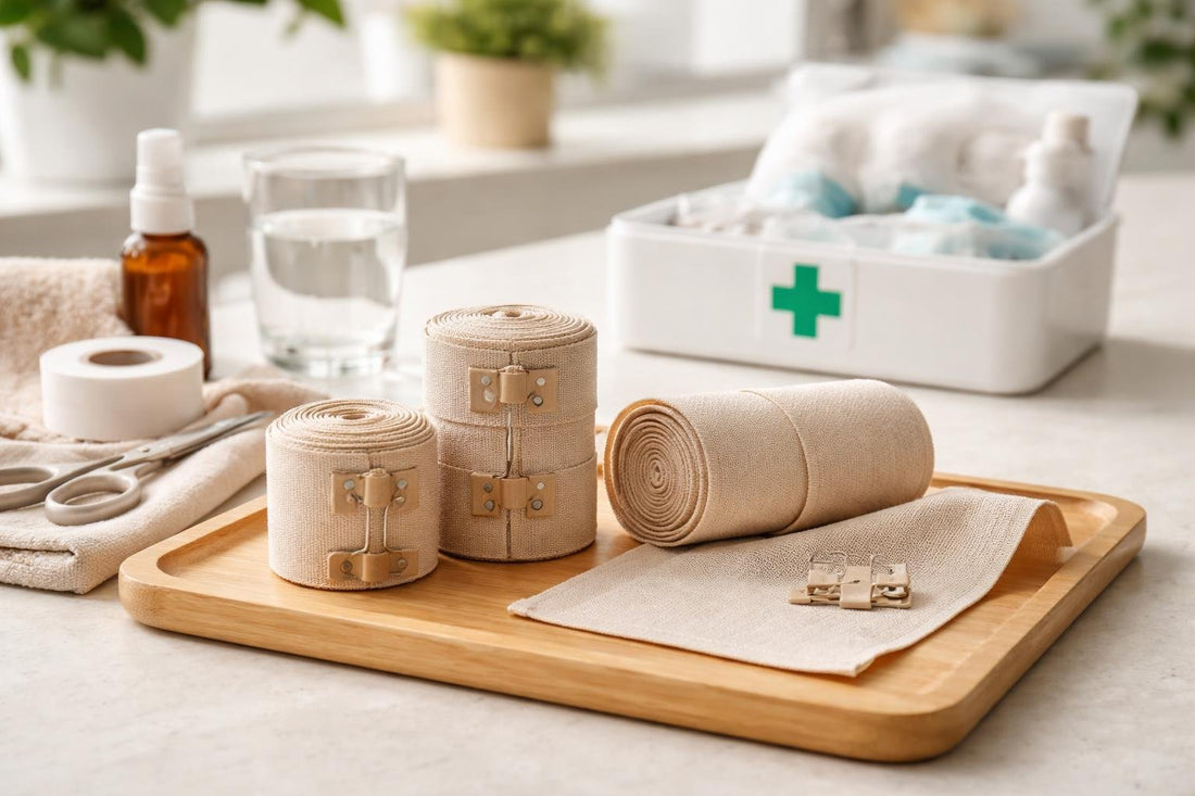 Elastic bandages rolled and ready for seasonal first aid
